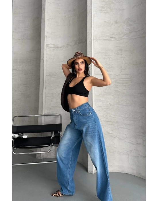 Baggy Süper Taş Bıyık Yıkama Mavi Jeans Pantolon D2007