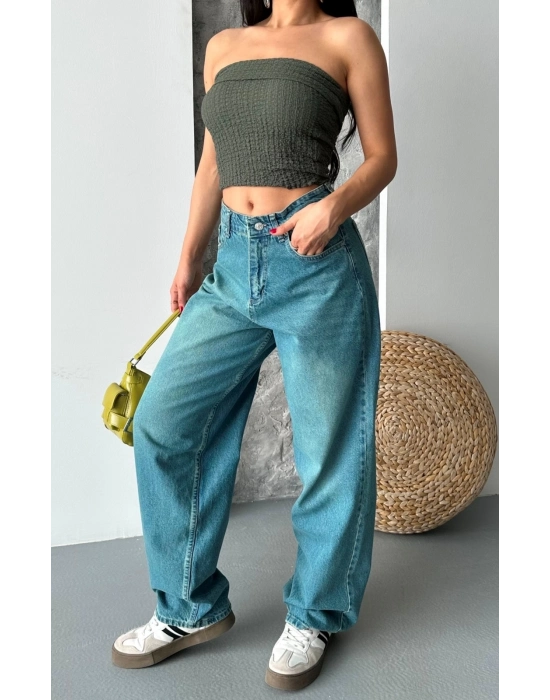 Baggy Taş Enzim Bıyık Yıkama Jeans Pantolon Yeşil Tint D2007