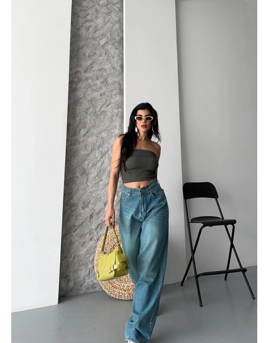 Baggy Taş Enzim Bıyık Yıkama Jeans Pantolon Yeşil Tint D2007