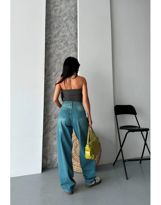 Baggy Taş Enzim Bıyık Yıkama Jeans Pantolon Yeşil Tint D2007