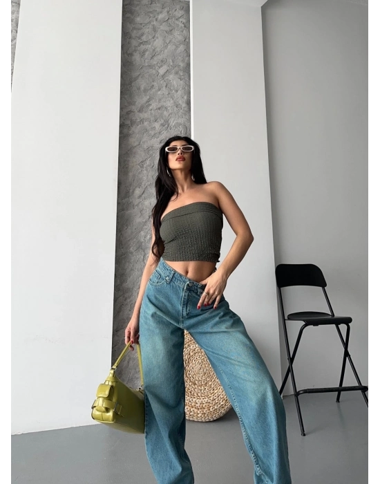 Baggy Taş Enzim Bıyık Yıkama Jeans Pantolon Yeşil Tint D2007