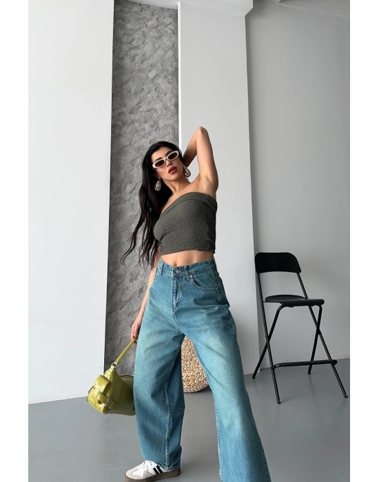 Baggy Taş Enzim Bıyık Yıkama Jeans Pantolon Yeşil Tint D2007