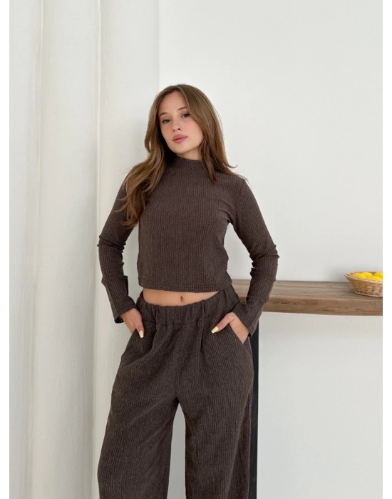 Balıkçı Yaka Örme Takım Kahve St265865