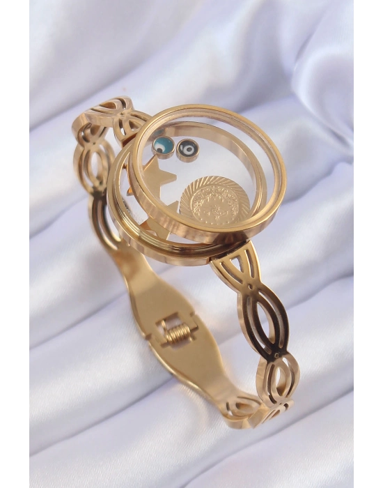 Bamido 316l Çelik Altın Renk İçi Nazar Boncuk Ve Yıldız Figürlü Açılabilir Fanus Kelepçe - Lisinya