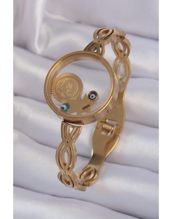 Bamido 316l Çelik Altın Renk İçi Nazar Boncuk Ve Yıldız Figürlü Açılabilir Fanus Kelepçe - Lisinya