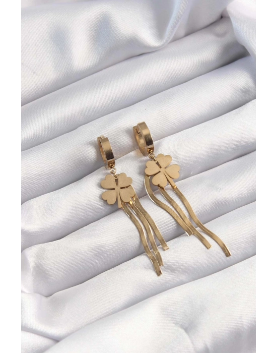 Bamido 316l Çelik Altın Renk İtalyan Zincirli Yonca Model Halka Küpe - Lisinya