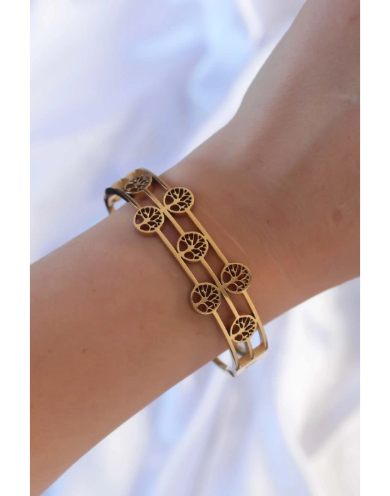 Bamido 316l Çelik Altın Renk Minimal Yaşam Ağacı Tasarımlı Kelepçe - Lisinya