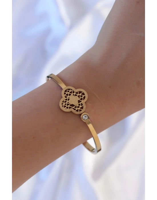 Bamido 316l Çelik Altın Renk Zirkon Taşlı Simli Yonca Kelepçe - Lisinya