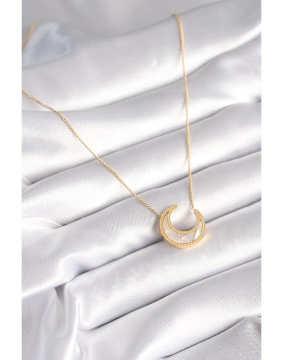 Bamido 316l Çelik Gold Renk Beyaz Sedefli Hilal Model Kadın Kolye - Lisinya