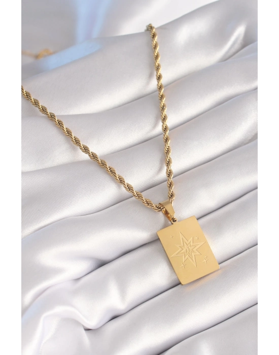 Bamido 316l Çelik Gold Renk Burgu Zincir Kutup Yıldızı İşleme Plaka Figür Kadın Kolye - Lisinya