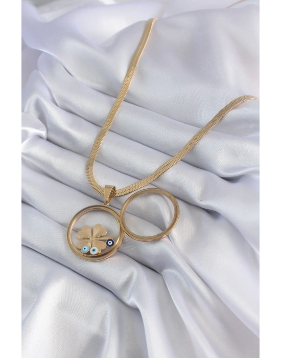 Bamido 316l Çelik Gold Renk İtalyan Zincir Açılabilir Fanus Yonca Figür Model Kadın Kolye - Lisinya