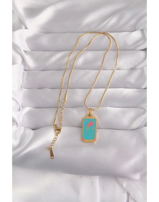 Bamido 316l Çelik Gold Renk Mavi Mineli Tarot Kolye - Lisinya