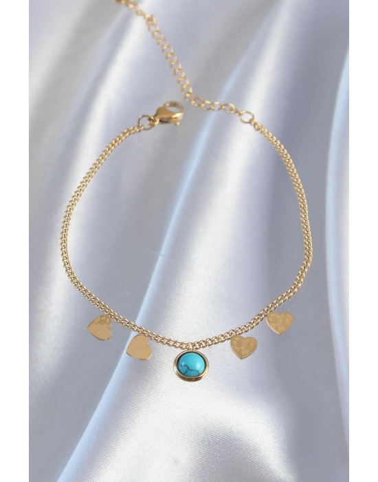 Bamido 316l Çelik Gold Renk Minimal Kalpli Mavi Taş Detaylı Bileklik - Lisinya