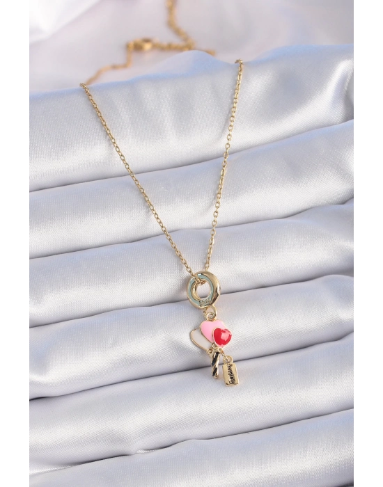 Bamido 316l Çelik Gold Renk Renkli Kalp Figür Charm Model Kadın Kolye - Lisinya