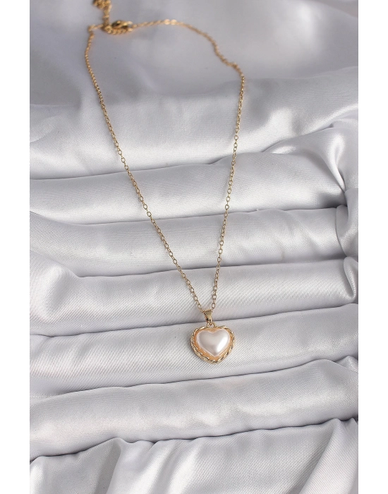 Bamido 316l Çelik Gold Renk Zincir 3d İnci Kalp Model Kadın Kolye - Lisinya