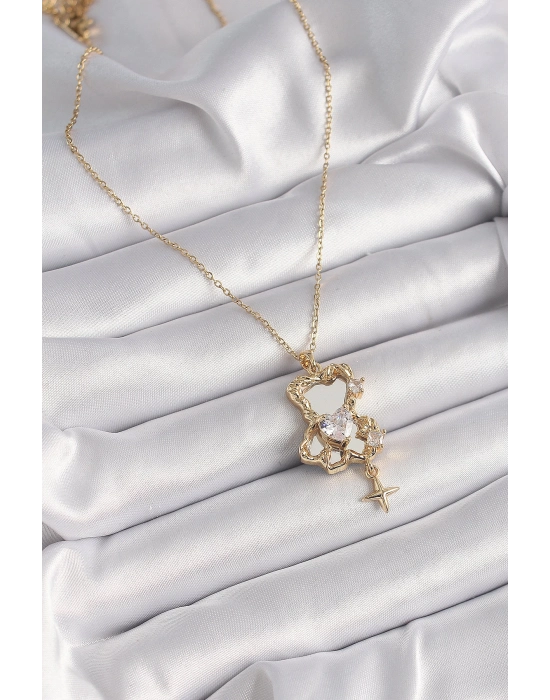 Bamido 316l Çelik Gold Renk Zincir Ayna Ayıcık Model Zirkon Taşlı Kalp Model Kadın Kolye - Lisinya