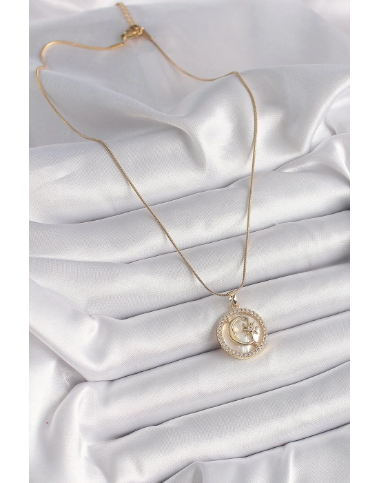 Bamido 316l Çelik Gold Renk Zincir Zirkon Taş Detaylı Beyaz Sedefli Ay Yıldız Model Kadın Kolye - Lisinya