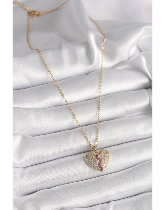 Bamido 316l Çelik Gold Renk Zincir Zirkon Taşlı Kalp Model Kadın Kolye - Lisinya