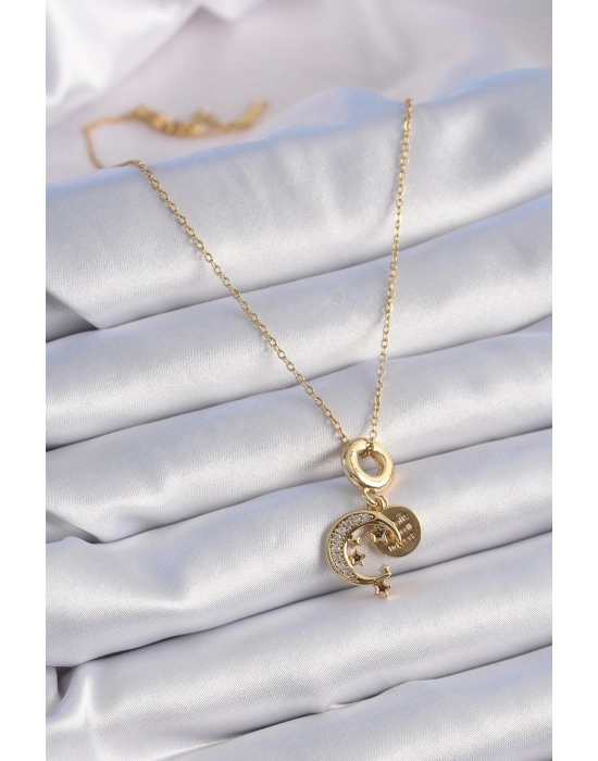 Bamido 316l Çelik Gold Renk Zirkon Taşlı Ay Yıldız  Model Charm Model Kadın Kolye - Lisinya