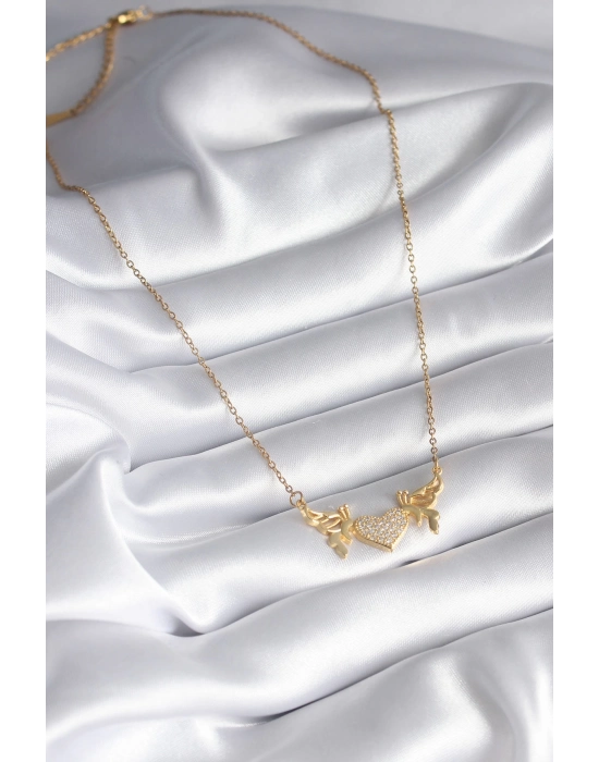 Bamido 316l Çelik Gold Renk Zirkon Taşlı Kanatlı Kalp Model Kadın Kolye - Lisinya