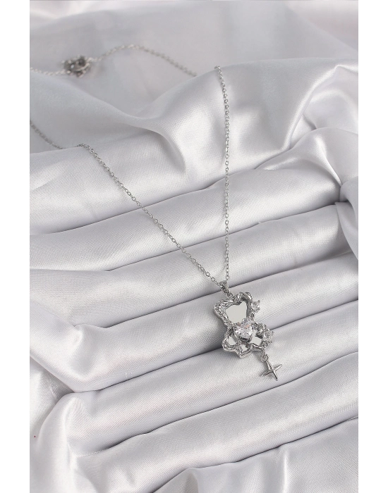 Bamido 316l Çelik Gümüş Renk Ayna Ayıcık Model Zirkon Taşlı Kalp Detay Kadın Kolye - Lisinya