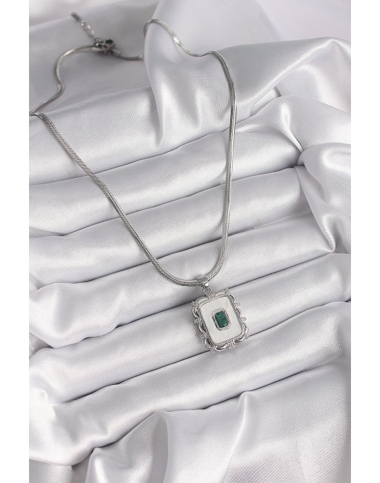 Bamido 316l Çelik Gümüş Renk İtalyan Zincir Beyaz Sedefli Kare Portre Model Zümrüt Taş Detay Kadın Kolye - Lisinya