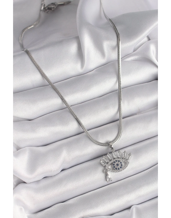 Bamido 316l Çelik Gümüş Renk İtalyan Zincir Zirkon Taşlı Göz Model Kadın Kolye - Lisinya