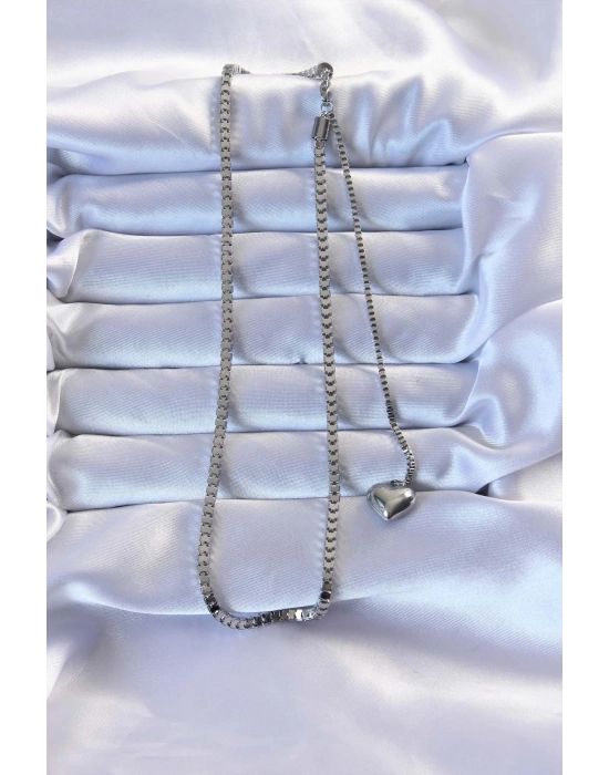 Bamido 316l Çelik Gümüş Renk Küp Zincirli Kalpli Kolye - Lisinya