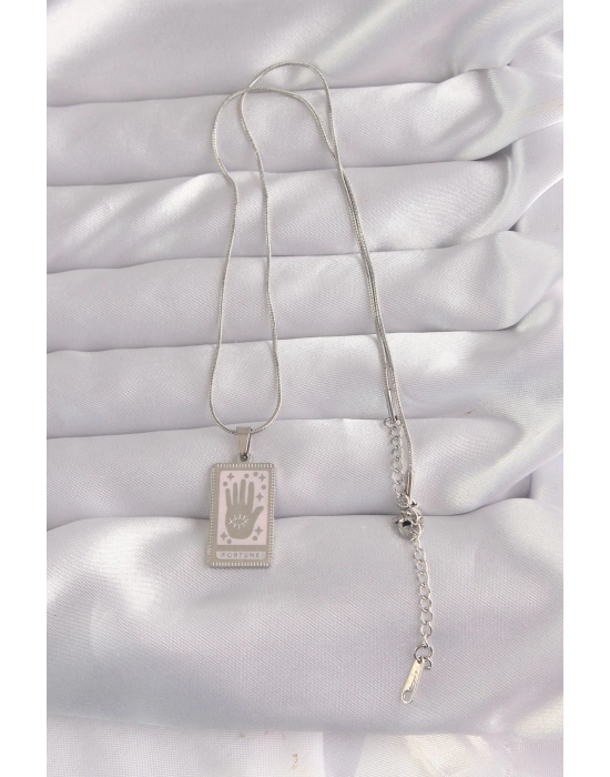 Bamido 316l Çelik Gümüş Renk Pembe Mineli El Figür Tarot Kolye - Lisinya