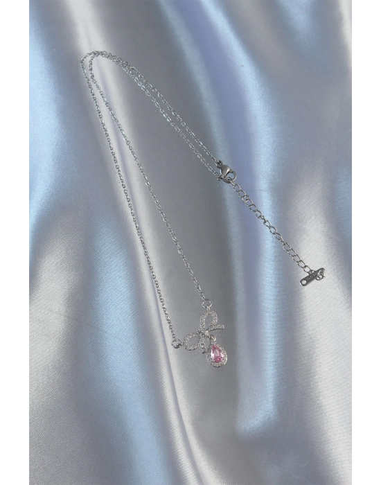 Bamido 316l Çelik Gümüş Renk Pembe Zirkon Taşlı Damla Kolye - Lisinya