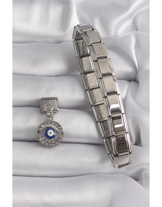 Bamido 316l Çelik Gümüş Renk Sallantı Zirkon Taşlı Göz Model Nazar Boncuk Detay Nomination Charm - Lisinya