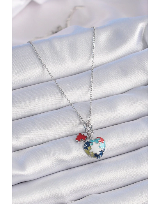 Bamido 316l Çelik Gümüş Renk Yapboz Motif Kalp Figür Charm Model Kadın Kolye - Lisinya