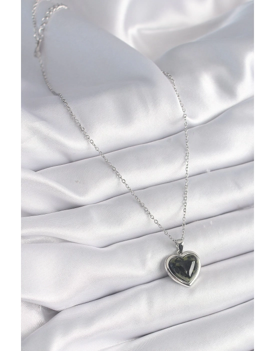 Bamido 316l Çelik Gümüş Renk Yeşil Mineli Kalp Model Kadın Kolye - Lisinya