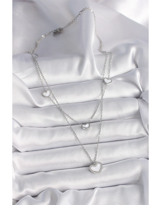 Bamido 316l Çelik Gümüş Renk Zincir 2li Zincir Kalp Model Kadın Kolye - Lisinya