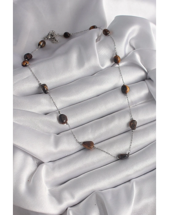 Bamido 316l Çelik Gümüş Renk Zincir Kahverengi Doğaltaş Model Kadın Kolye - Lisinya