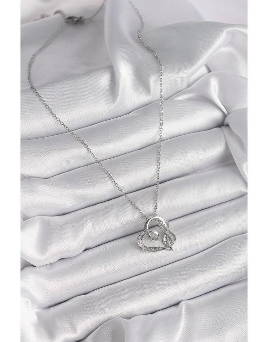 Bamido 316l Çelik Gümüş Renk Zincir Zirkon Taş Detaylı Kalp Model Sonsuzluk Detay Kadın Kolye - Lisinya