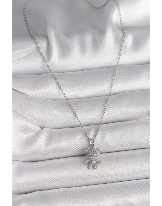 Bamido 316l Çelik Gümüş Renk Zincir Zirkon Taşlı Ayıcık Figür Kadın Kolye - Lisinya