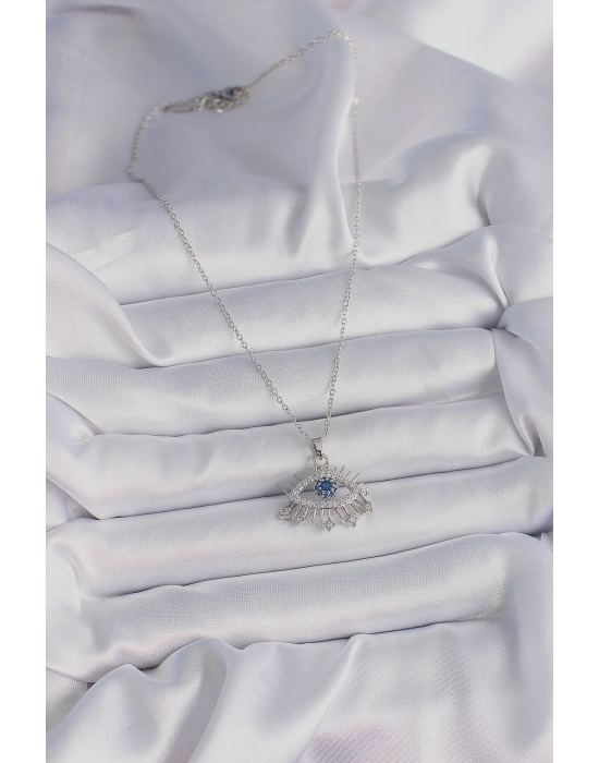 Bamido 316l Çelik Gümüş Renk Zincir Zirkon Taşlı Göz Model Kadın Kolye - Lisinya