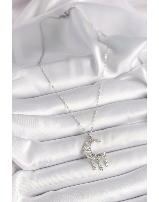 Bamido 316l Çelik Gümüş Renk Zincir Zirkon Taşlı Hilal Model Sallantı Yaprak Detay Kadın Kolye - Lisinya