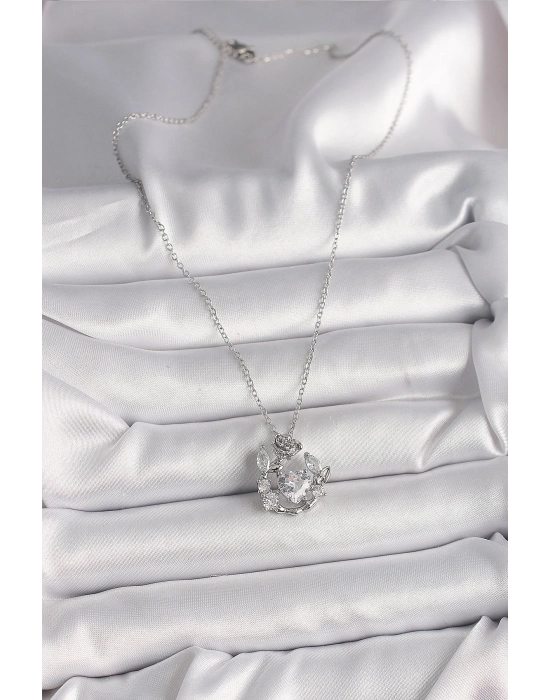 Bamido 316l Çelik Gümüş Renk Zincir Zirkon Taşlı Kalp Figür Gül Detay Kadın Kolye - Lisinya