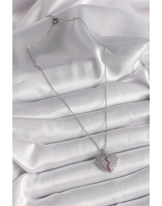 Bamido 316l Çelik Gümüş Renk Zincir Zirkon Taşlı Kalp Model Kadın Kolye - Lisinya