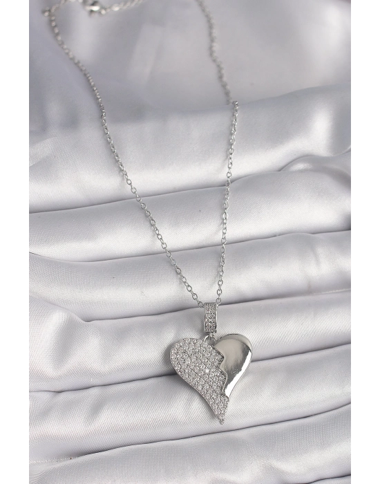 Bamido 316l Çelik Gümüş Renk Zincir Zirkon Taşlı Kırık Kalp Model Kadın Kolye - Lisinya