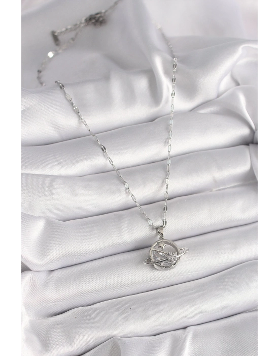 Bamido 316l Çelik Gümüş Renk Zincir Zirkon Taşlı Yıldız Detay Gezegen Model Kadın Kolye - Lisinya