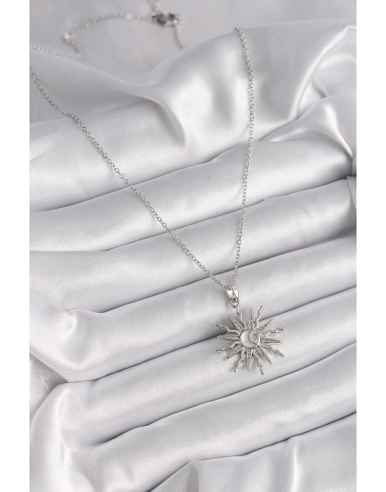 Bamido 316l Çelik Gümüş Renk Zincir Zirkon Taşlı Yıldız Model Sedefli Ay İşleme Detay Kadın Kolye - Lisinya