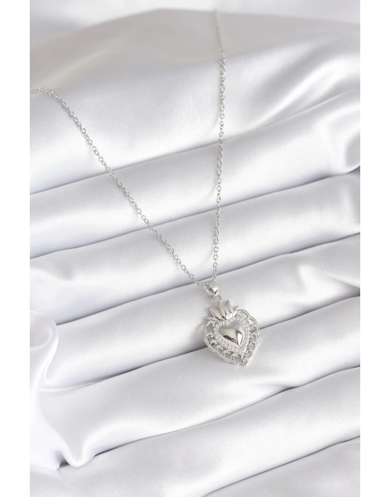 Bamido 316l Çelik Gümüş Renk Zirkon Taş Detay Taç Kalp Model Kadın Kolye - Lisinya