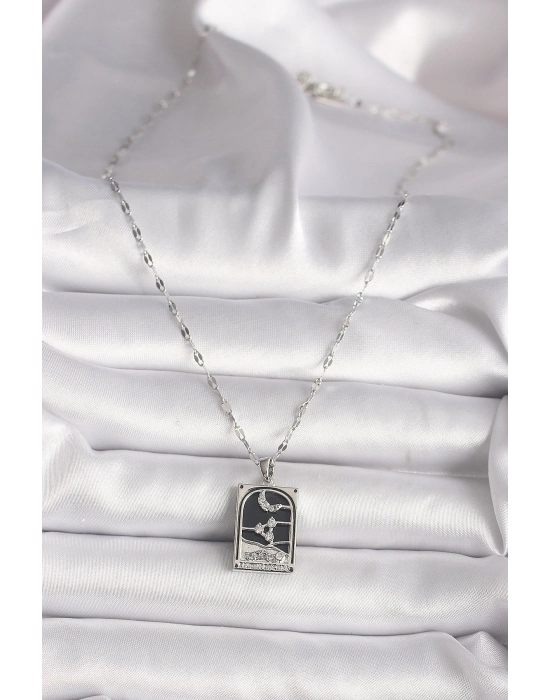 Bamido 316l Çelik Gümüş Renk Zirkon Taşlı  Ay Figürlü Taror Model Kadın Kolye - Lisinya