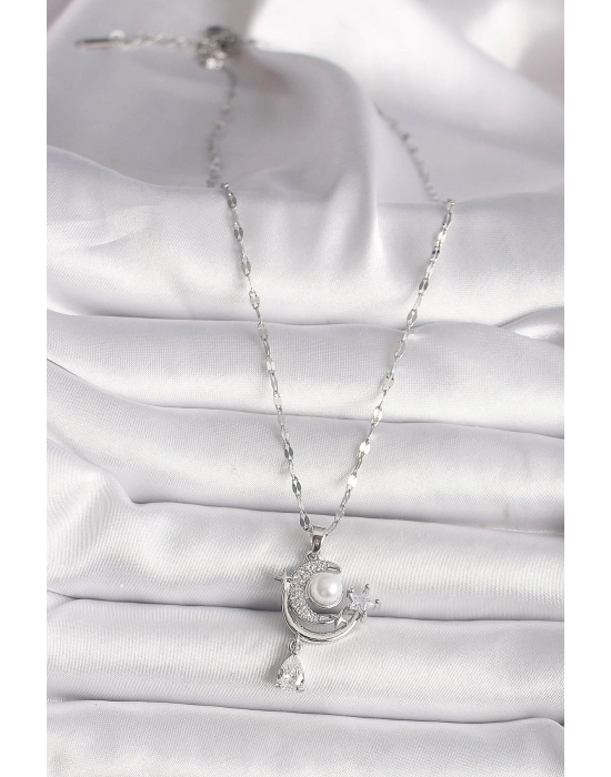 Bamido 316l Çelik Gümüş Renk Zirkon Taşlı Ay Yıldız Sallantı Detay Kadın Kolye - Lisinya