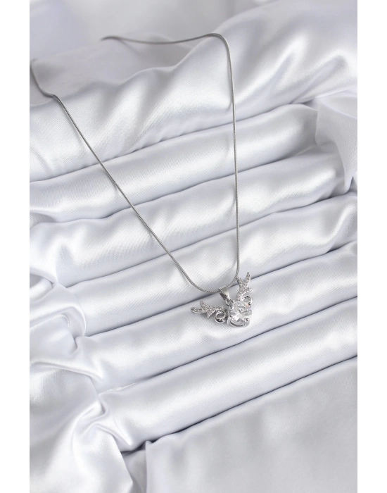 Bamido 316l Çelik Gümüş Renk Zirkon Taşlı Boynuz Model Kadın Kolye - Lisinya