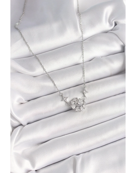 Bamido 316l Çelik Gümüş Renk Zirkon Taşlı Hilal Kalp Model Kadın Kolye - Lisinya