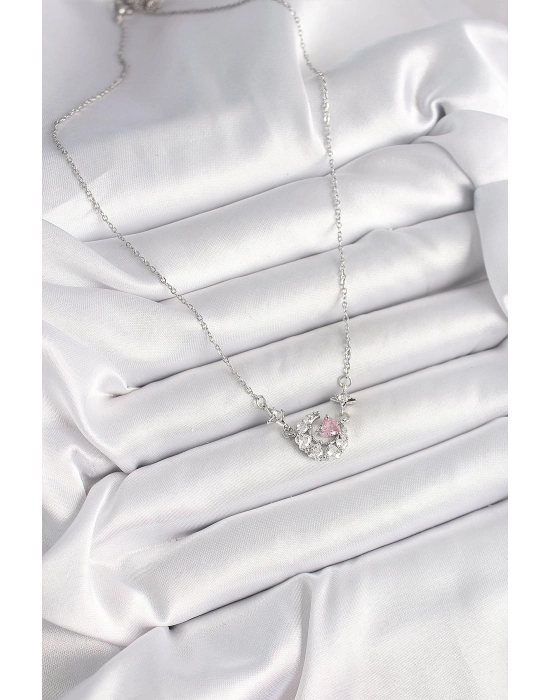 Bamido 316l Çelik Gümüş Renk Zirkon Taşlı Hilal Pembe Kalp Model Kadın Kolye - Lisinya